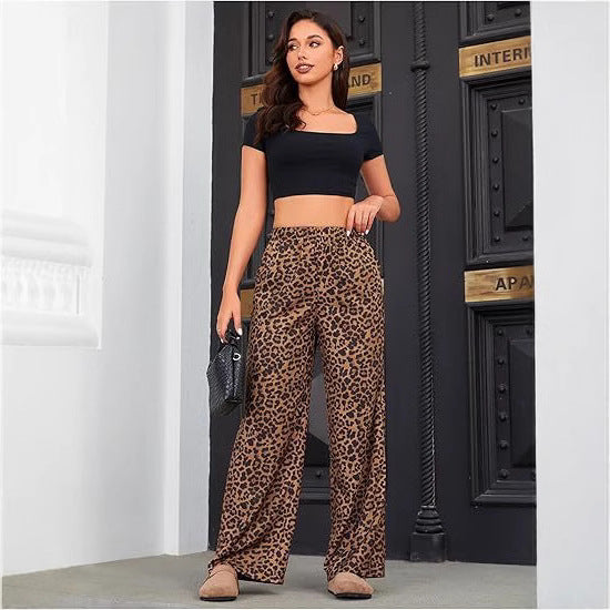 Women's Leopard Print Elastic High Waist Trousers