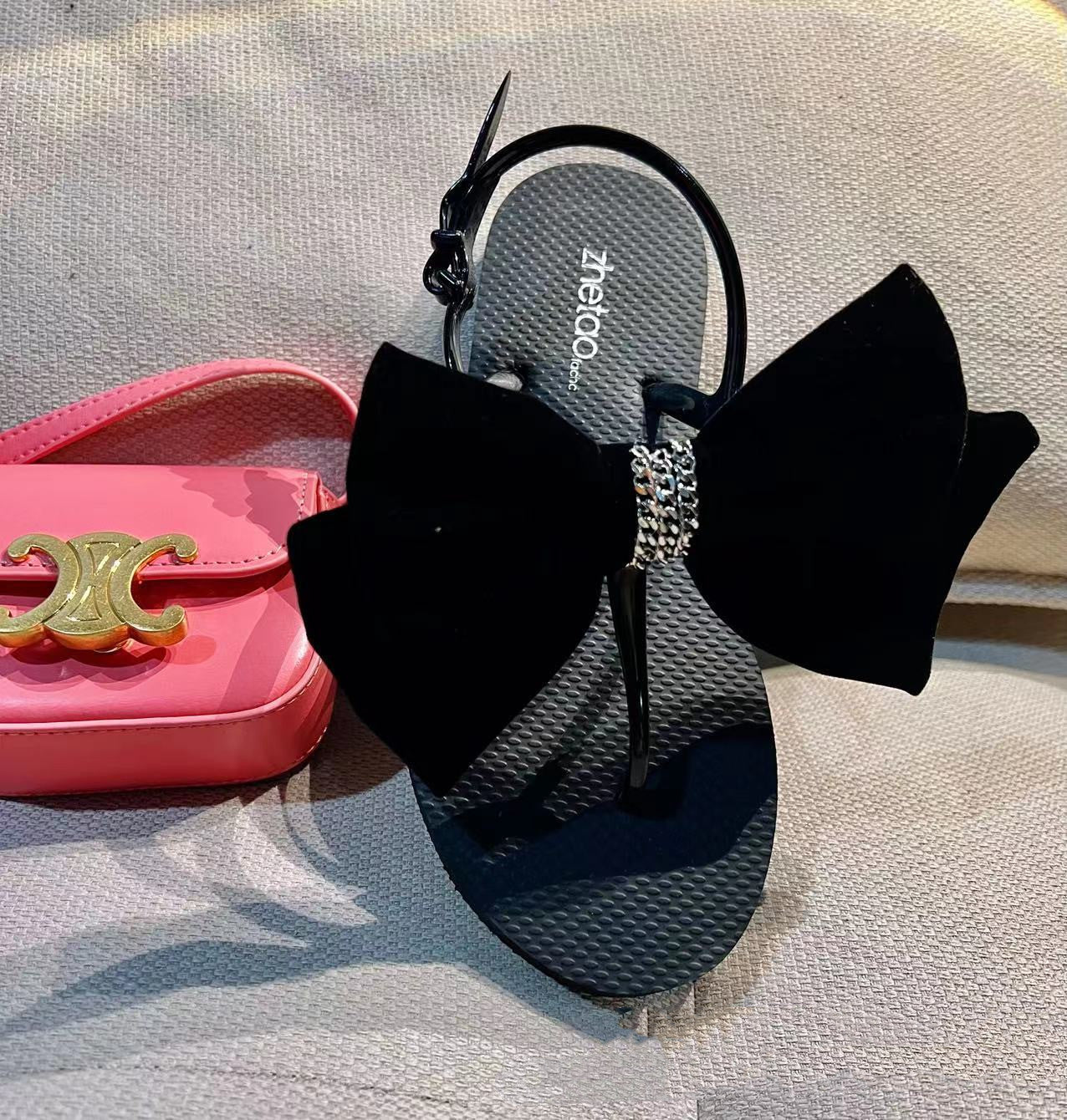 Double Toed Sandals Flat Sole Solid Bow