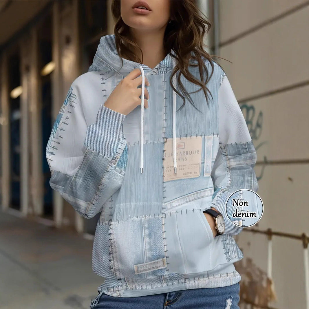 Womens Casual Pullover With Denim-Style Patchwork And Print