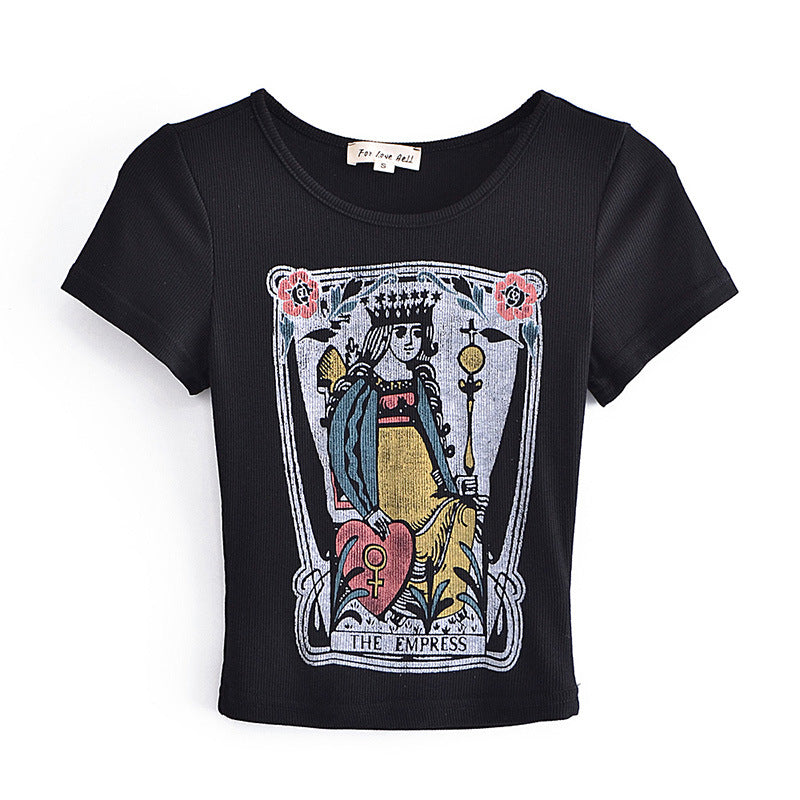 Women's Retro Trendy Poker Print Short T-shirt
