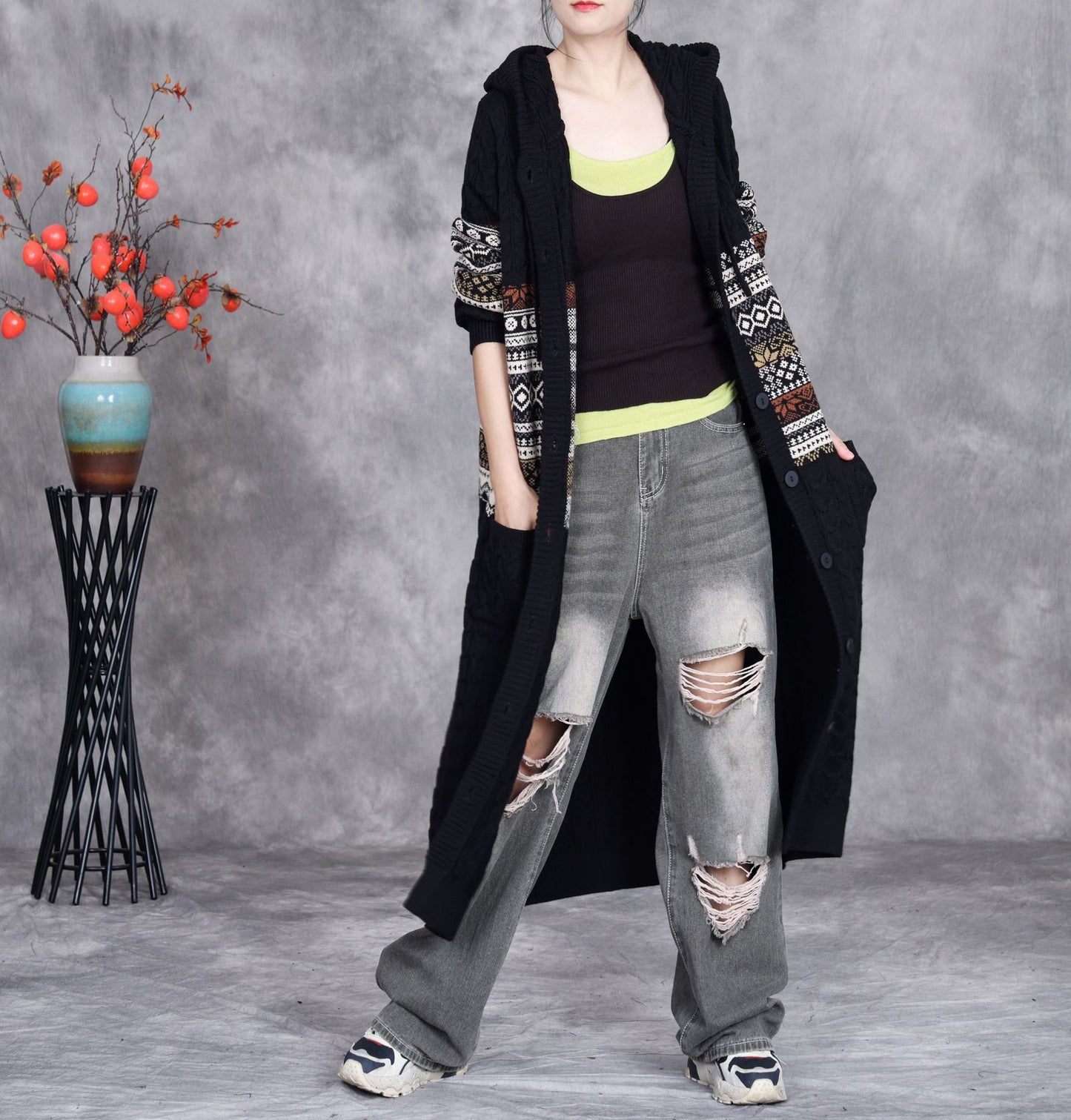 Retro Artistic Knitted Cardigan Woven Flower Long Hooded Overknee Sweater Coat