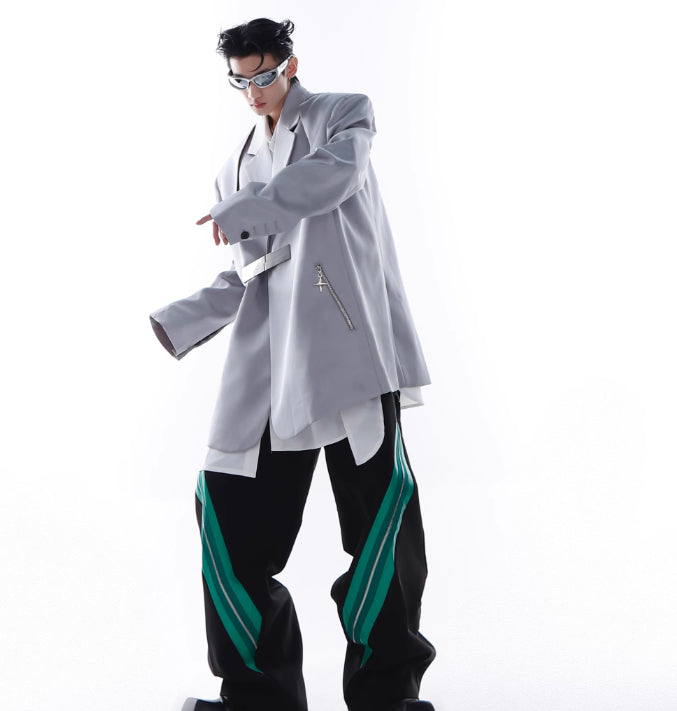 Design Sense Padded Shoulder Suit Jacket Zipper Stitching Ice Silk Fabric Suit