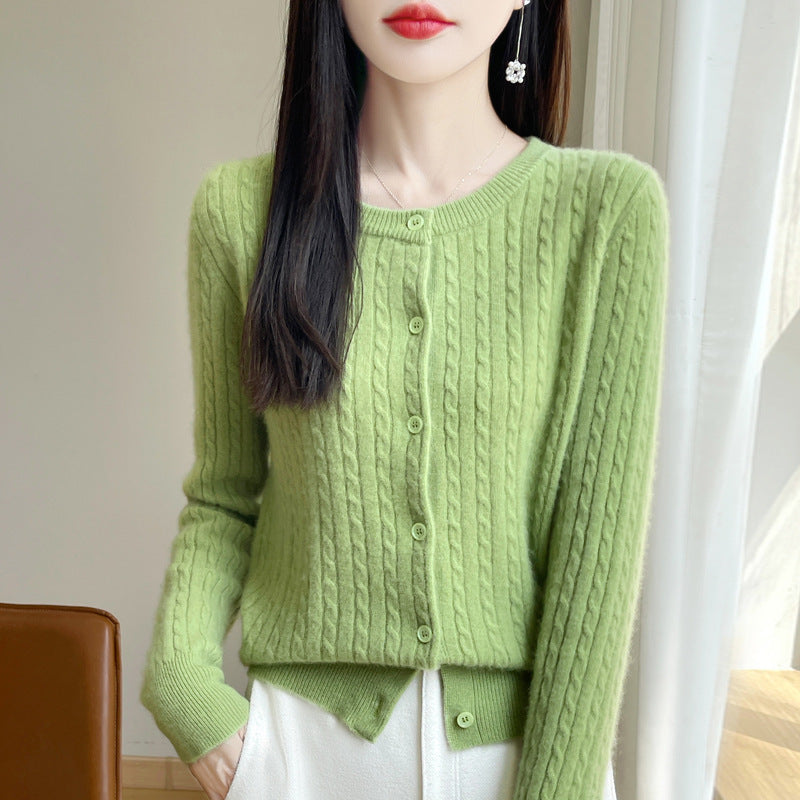 Women's Round Neck Wool Cardigan Twisted Wool Sweater