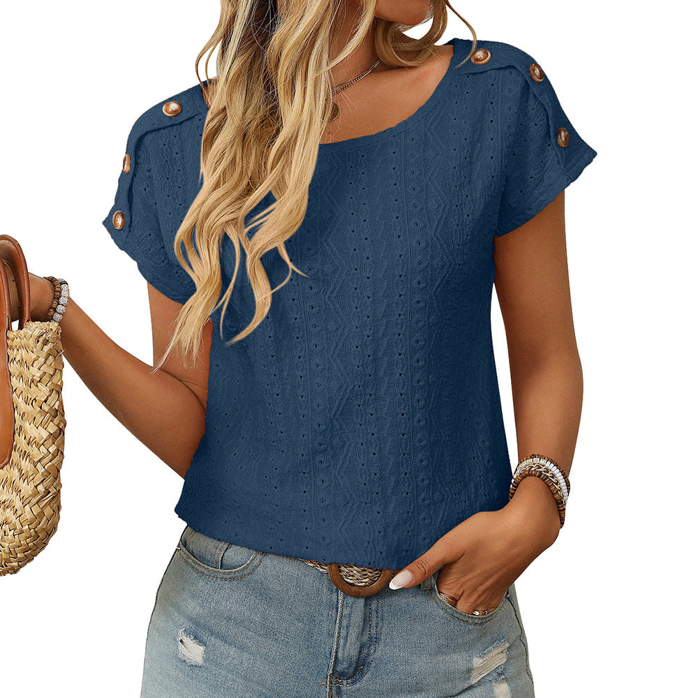 Womens Crew-neck Hollow-out Short-sleeve T-shirt
