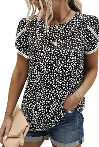 Lace Stitched Polka Dot Short Sleeved T Shirt Chiffon Top