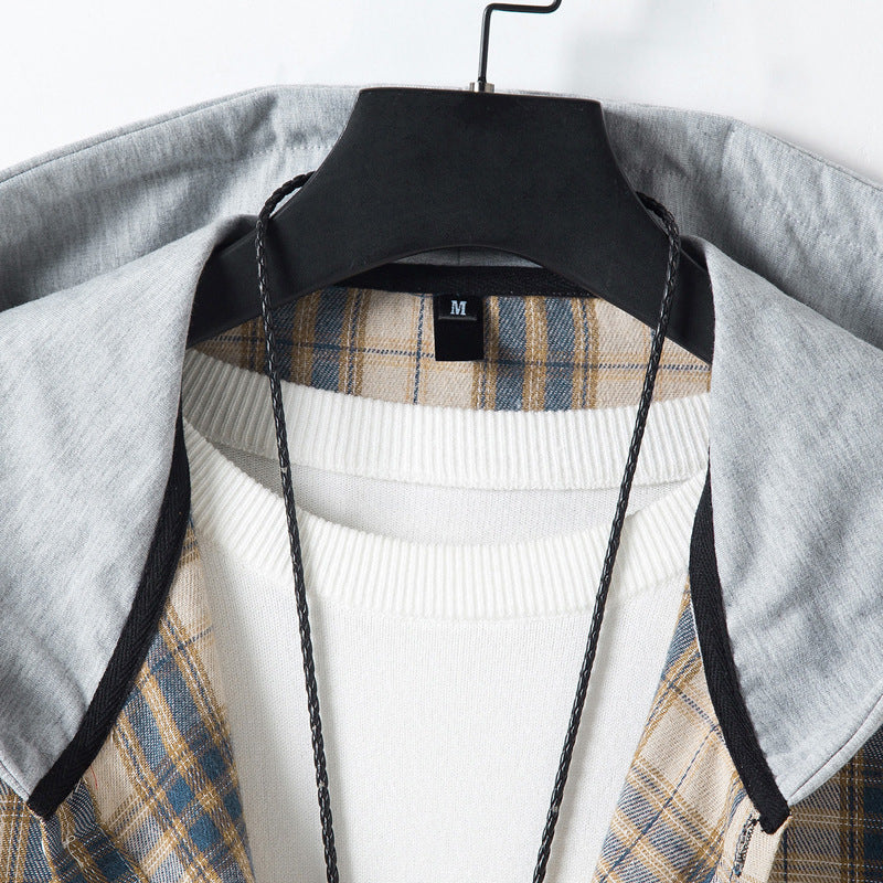Men's Casual Plaid Long Sleeve Hooded Shirt