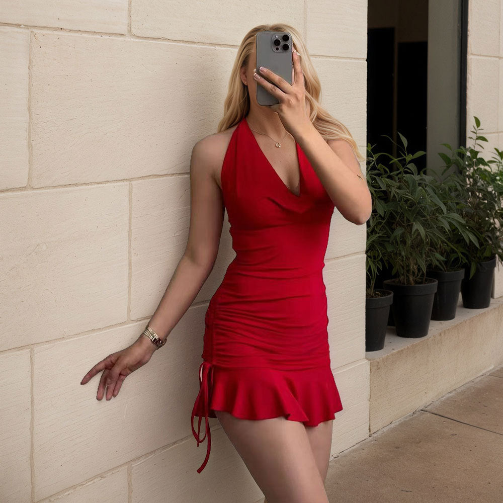 Womens Solid-Color Versatile V-Neck Slim-Fit Halter Dress