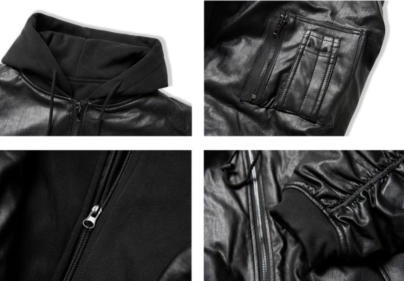 Fake Two-Piece Stitched Hooded Thickened PU Leather Padded Jacket Coat