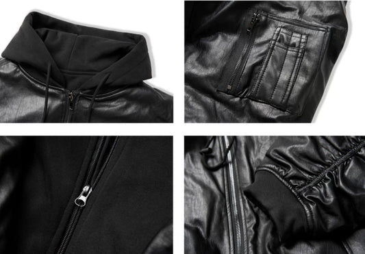 Fake Two-Piece Stitched Hooded Thickened PU Leather Padded Jacket Coat