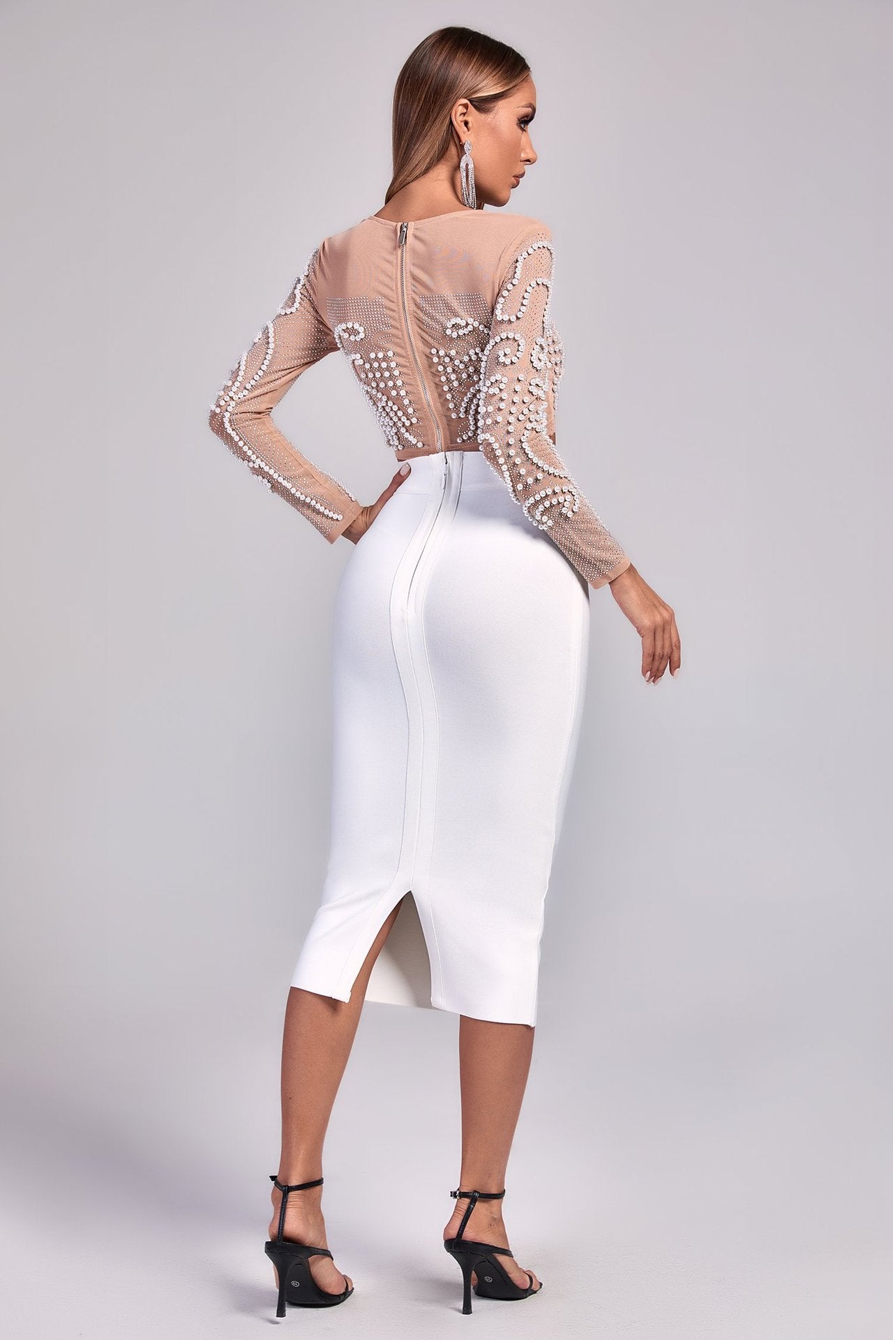 Beaded Studded Long Sleeve T-Shirt Midi Skirt Two Piece