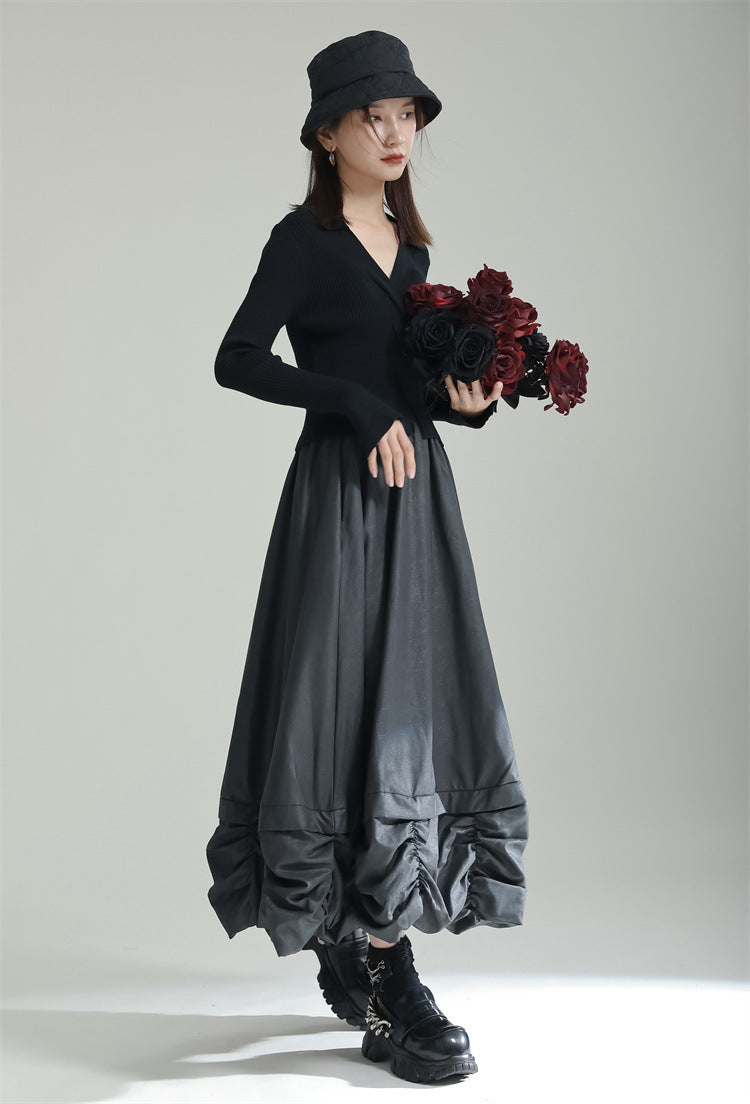Pleated Bud Solid Color Umbrella Skirt