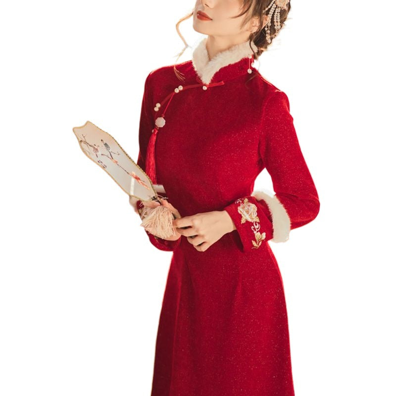 Thickened Wine Red Bridal Toast Modernized Cheongsam Style Dress
