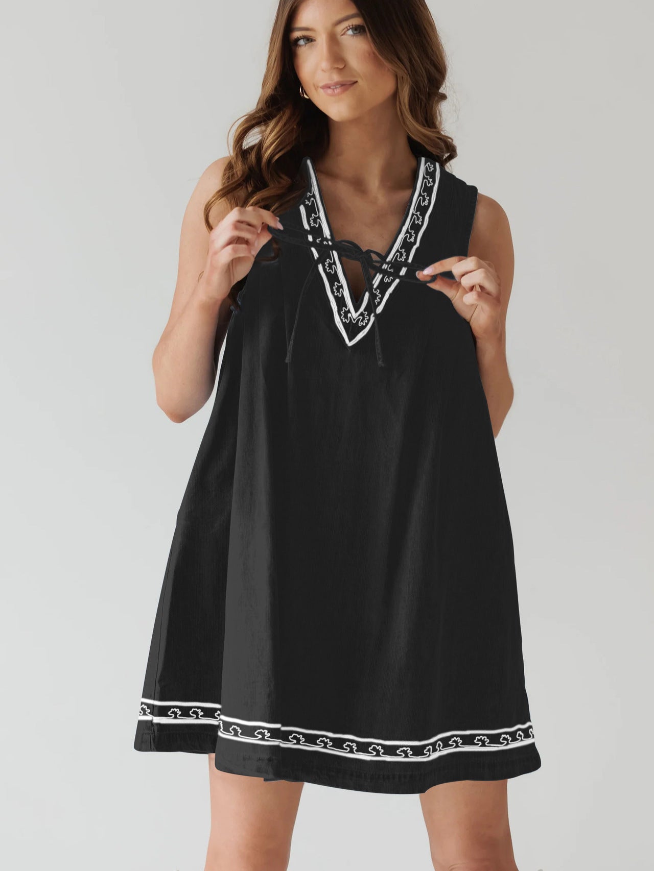 V-neck Sleeveless Embroidered Denim Vest Dress