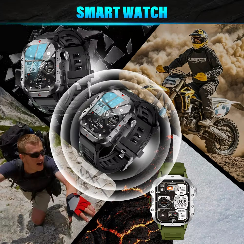 Sports Smart Watch Men'S Outdoor Sports Fitness Tracker Health Monitor LED Flashlight 2.01” Bluetooth Talk Smart Watch