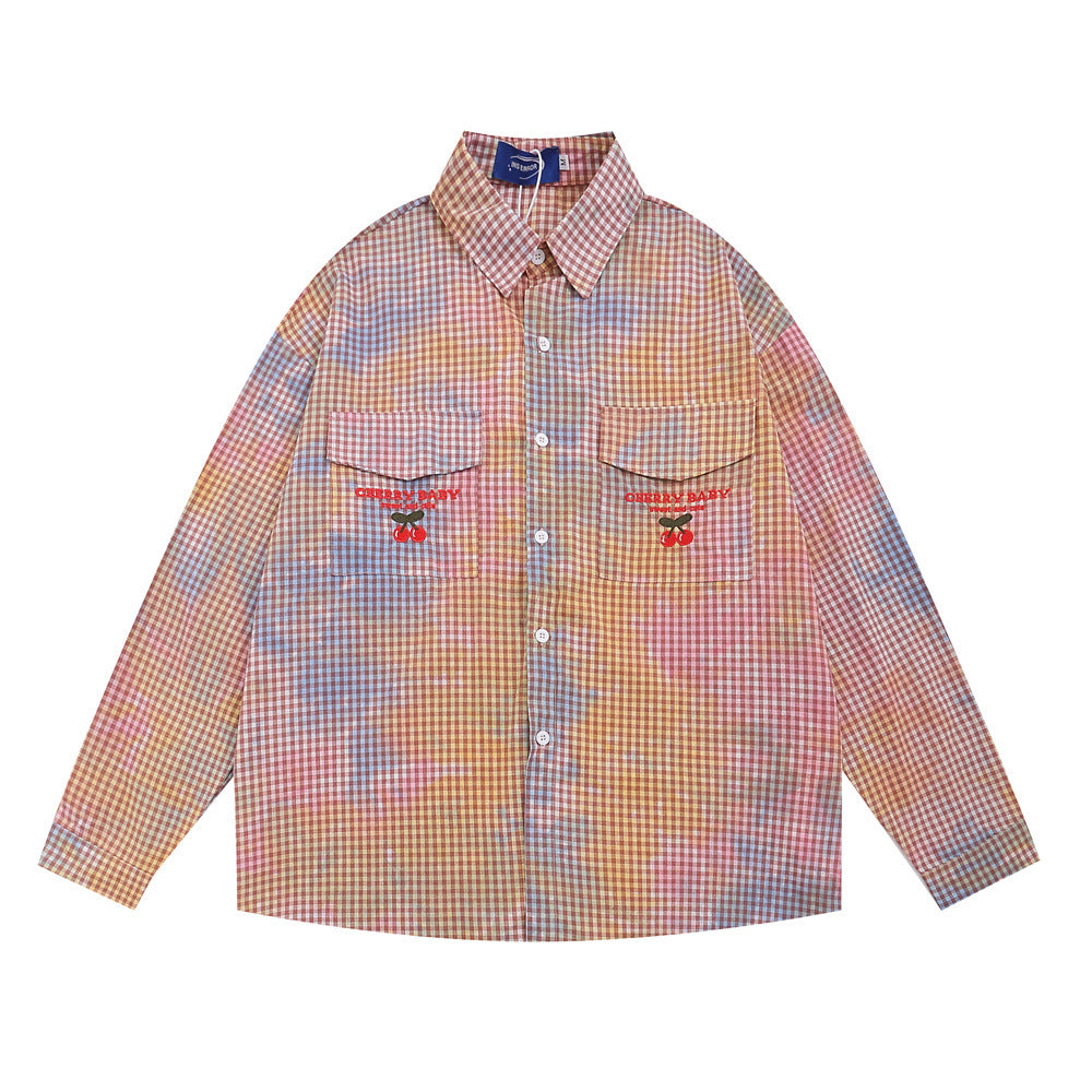 Plaid Tie-dyed Long-sleeved Shirt Men's Street Fashion American Design Sense