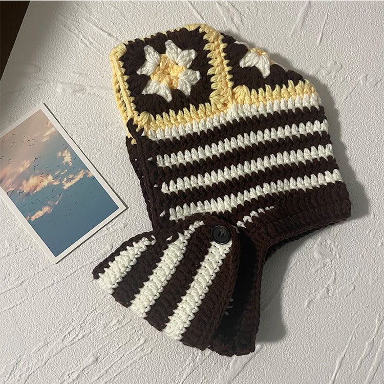 Ladies Fashion Floral Striped Knit Sweater Hat