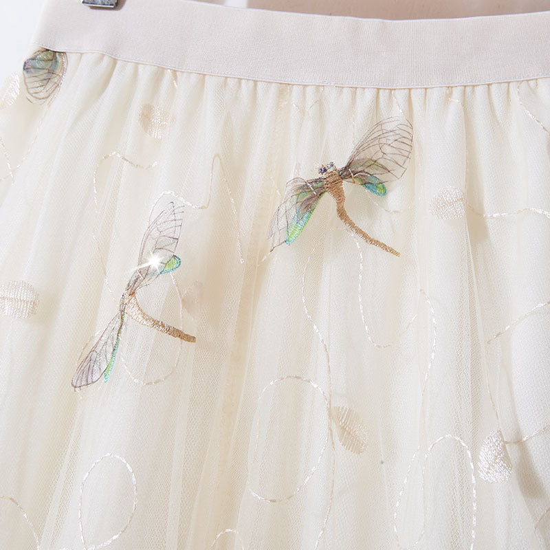 Dragonfly Embroidered Mesh Skirt Large Swing A- Line