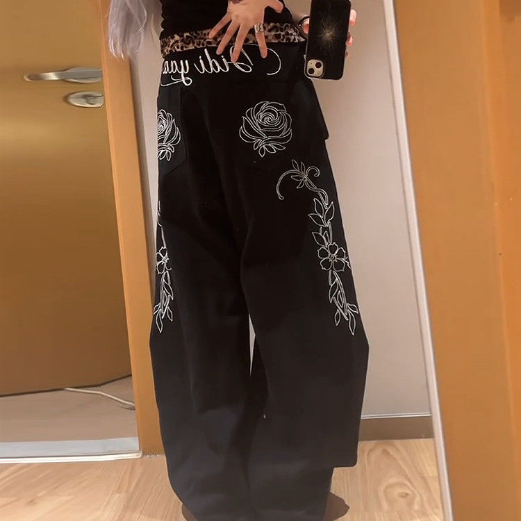 American-style High-street Tomboy Letter And Floral Embroidery Bootcut Jeans