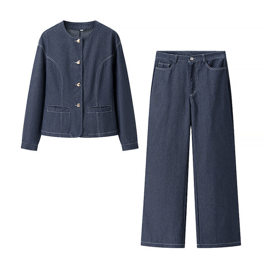 Women's Fashion Casual Round-neck Top High-waist Solid Color Pants Suit