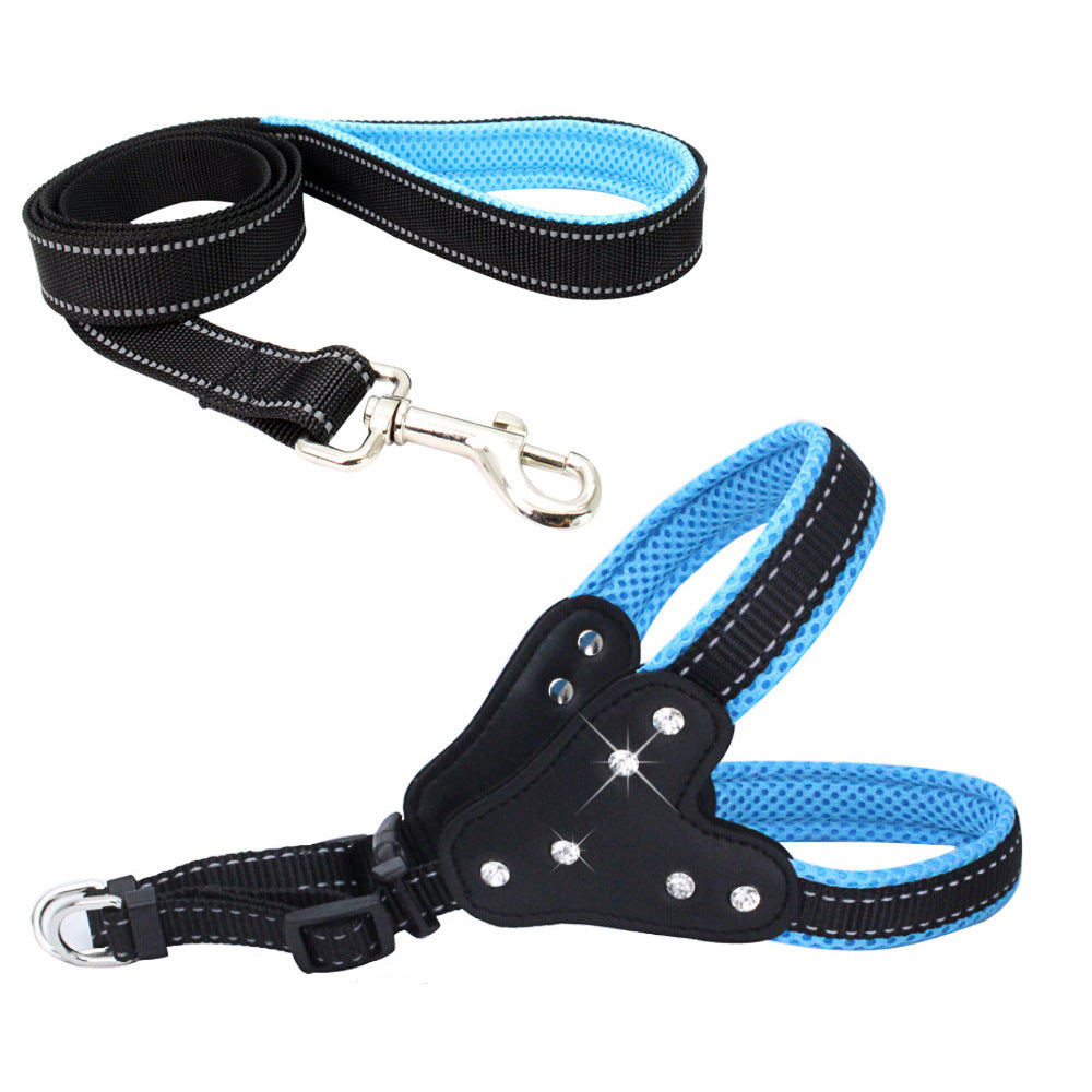 Komfortabelt Mesh Stof Skinnende Rhinestone Kæledyrs Håndholdt Reb Reflekterende Hundebrystrem Veststil