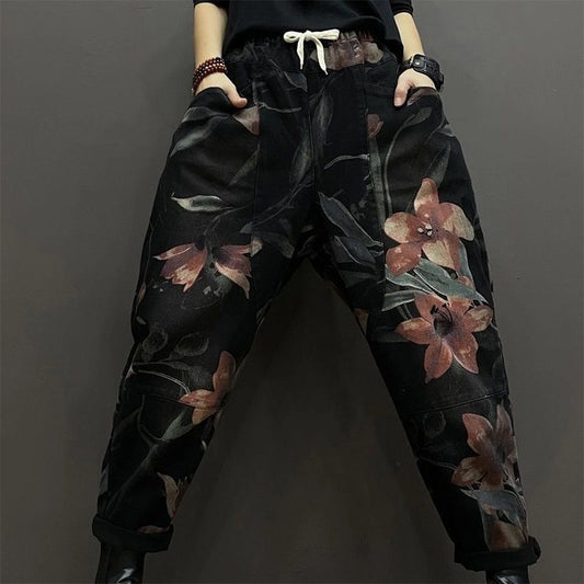 Spring New Literary Large Size Printed Denim Old Dad Pants