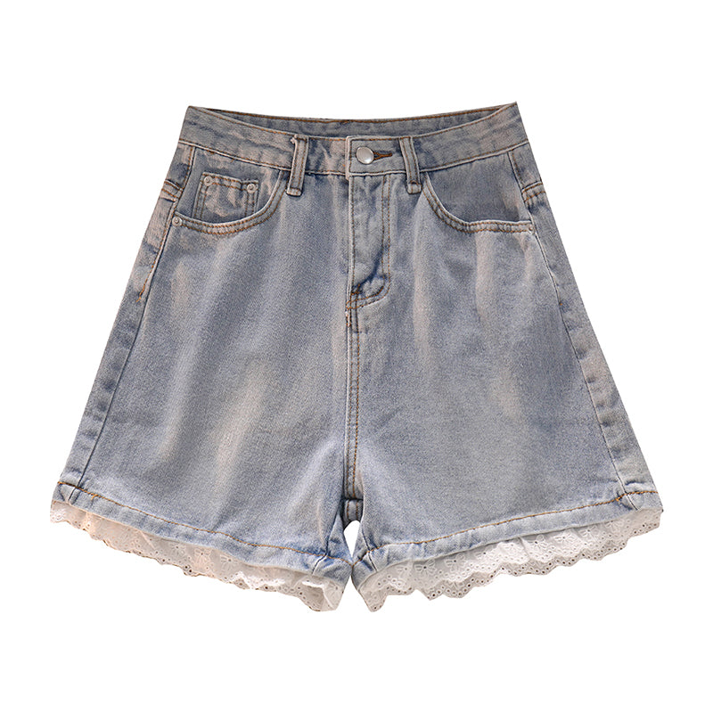 Denim Shorts Women's High-waist Lace Design Hot Pants