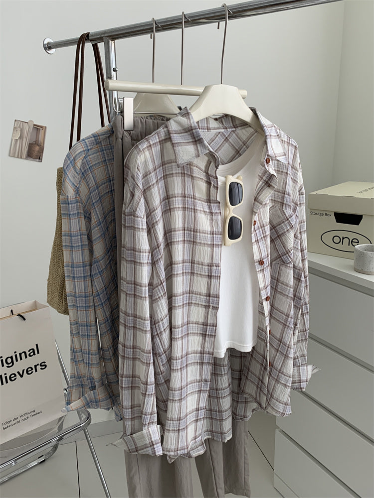 Women's Art Retro Washed Cotton Yarn Checkered Shirt