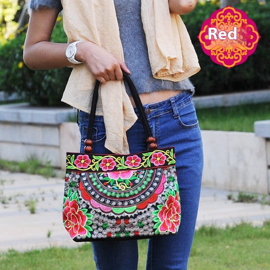Ethnic Style Embroidered Handbag Wooden Bead Lace Bag