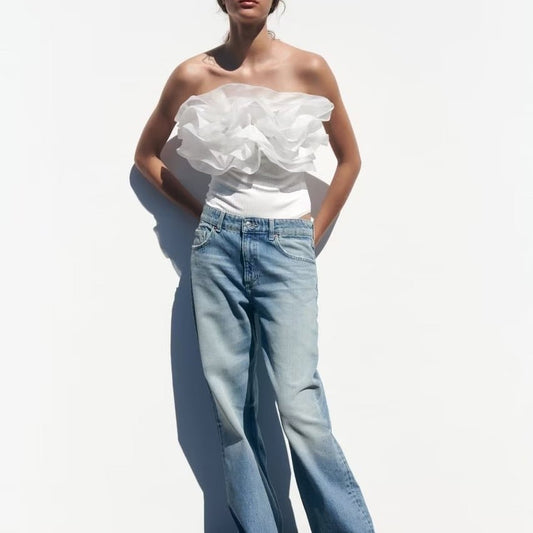 Strapless Straight Collar Transparent Organza Laminated Decoration Rib Jumpsuit
