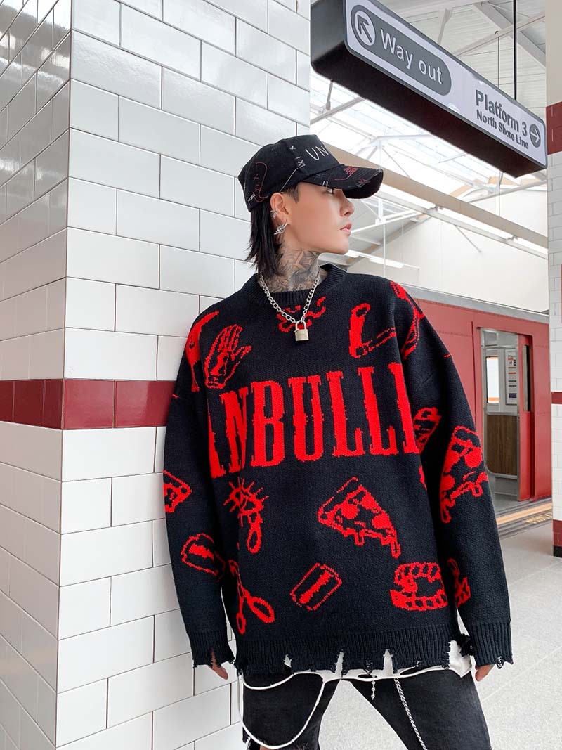 Hip Hop Letters Graffiti Jacquard Sweater Men's Tide