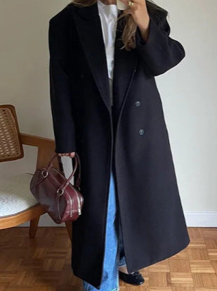 Long Wool Coat With A Business Suit-style Collar For Commuting
