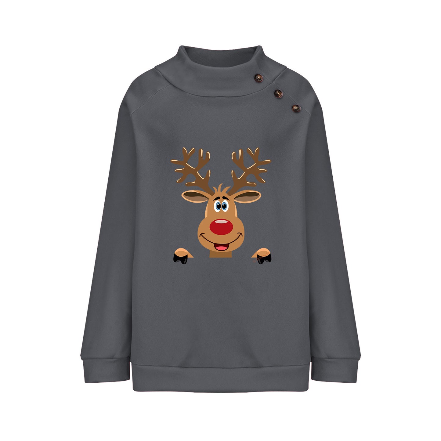 Deer Cartoon Turtleneck Buttons Loose Long Sleeve Sweatershirt Female