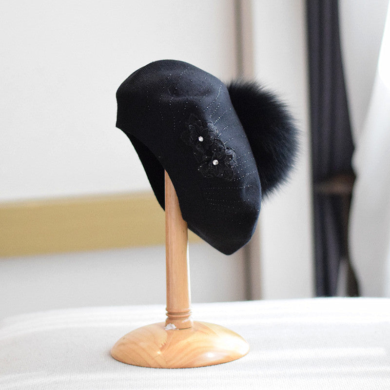 New Wool Double-layer Rhinestone Flower Knitted Beret Women's
