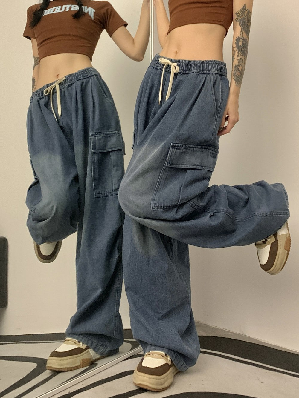 Niche Design Women's Retro Loose Patch Pocket Workwear Denim Jeans