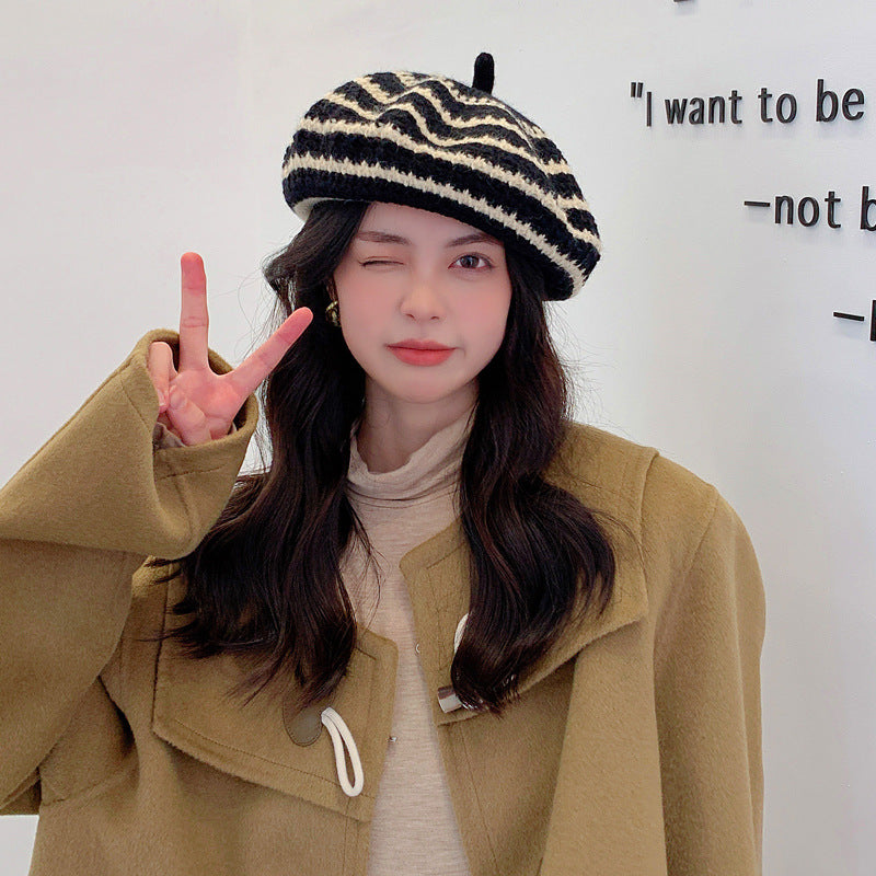 New Women's All-match Knitted Wool Striped Beret To Keep Warm