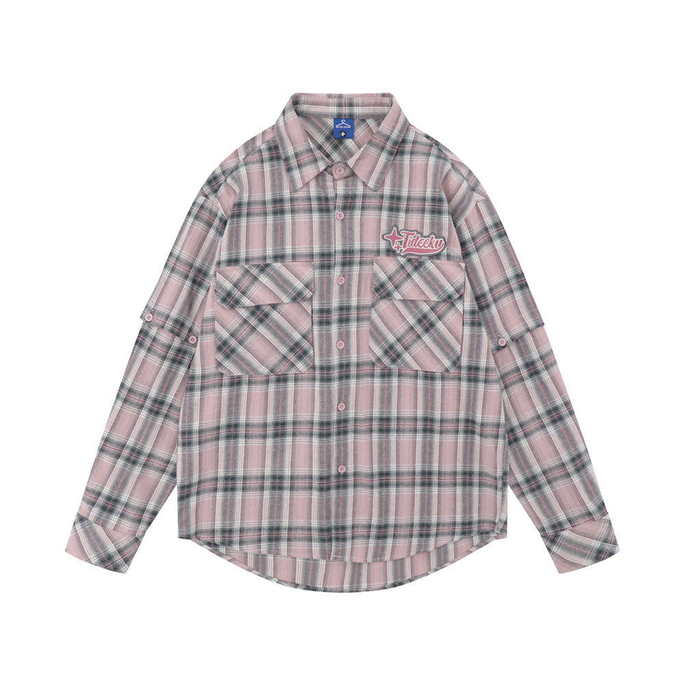 Plaid Long Sleeve Shirt Men's Sleeve Detachable Two-way Wear