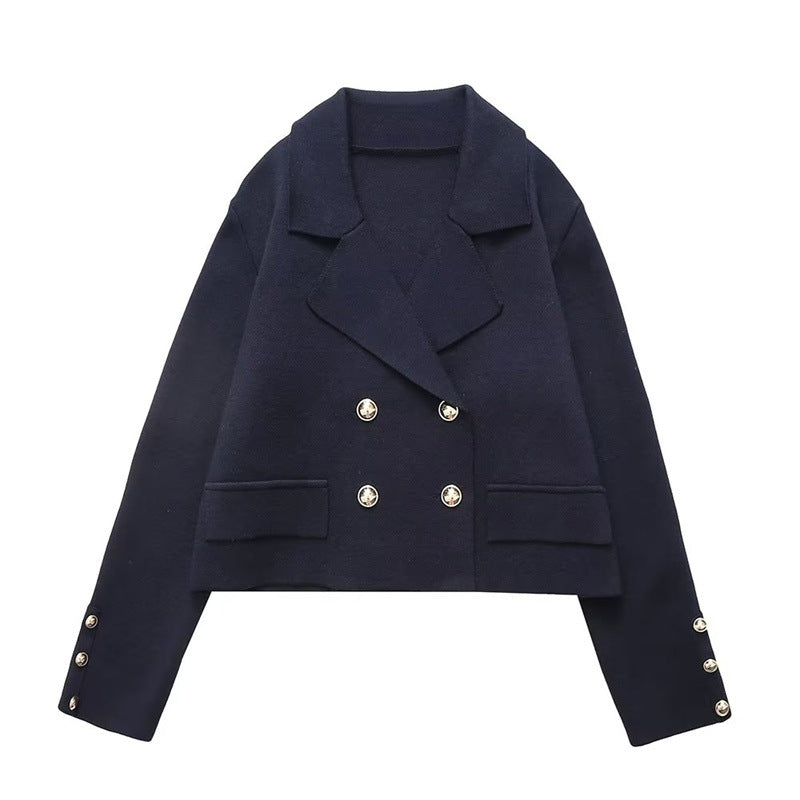 Women's Lapel Double Breasted Knitted Short Coat