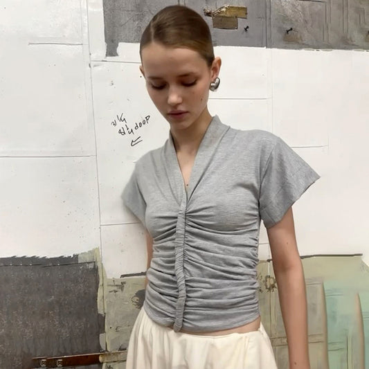 New Solid Color And V-neck Sexy Symmetrical Pleated Short Sleeve