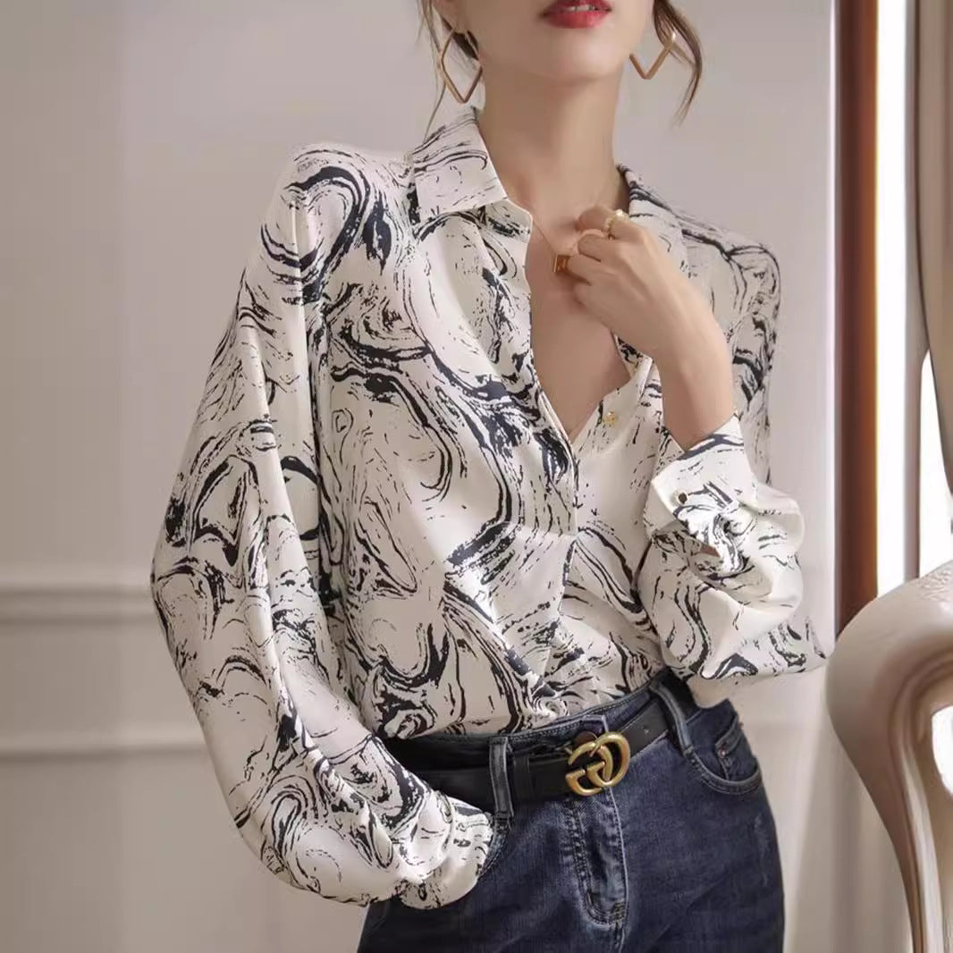 Western Stil Mode Blæk Maleri Trykt Langærmet Skjorte