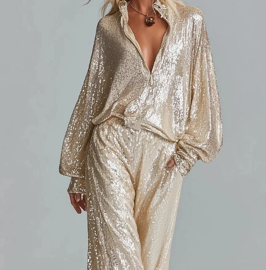 Party-Style Oversized Wide-Leg Champagne Gold Sequin Two-Piece Set