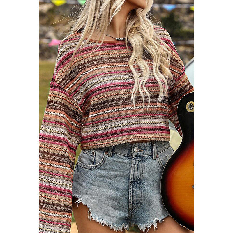 European And American Fashion Colorblock Striped Short Style Sweater