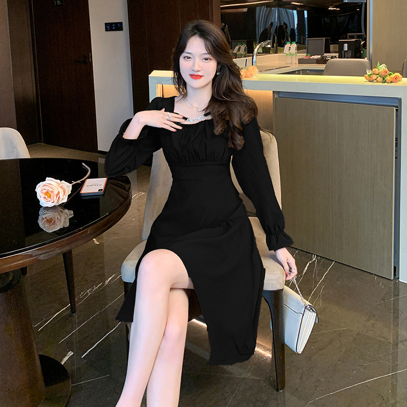 French Vintage Square Neck Temperament Irregular High Waist Slim Dress