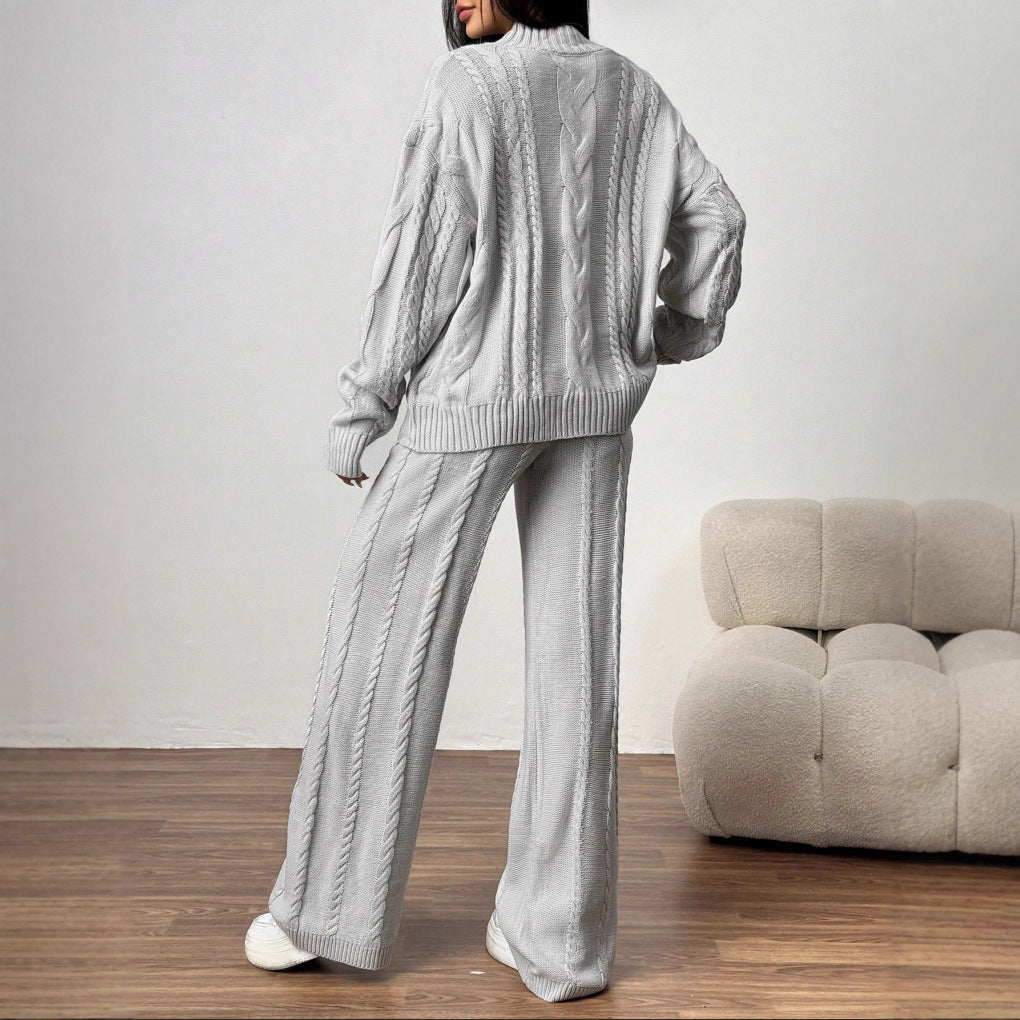 Womens Cable-Knit Knitwear Set With Wide-Leg Pants And A Relaxed Fit