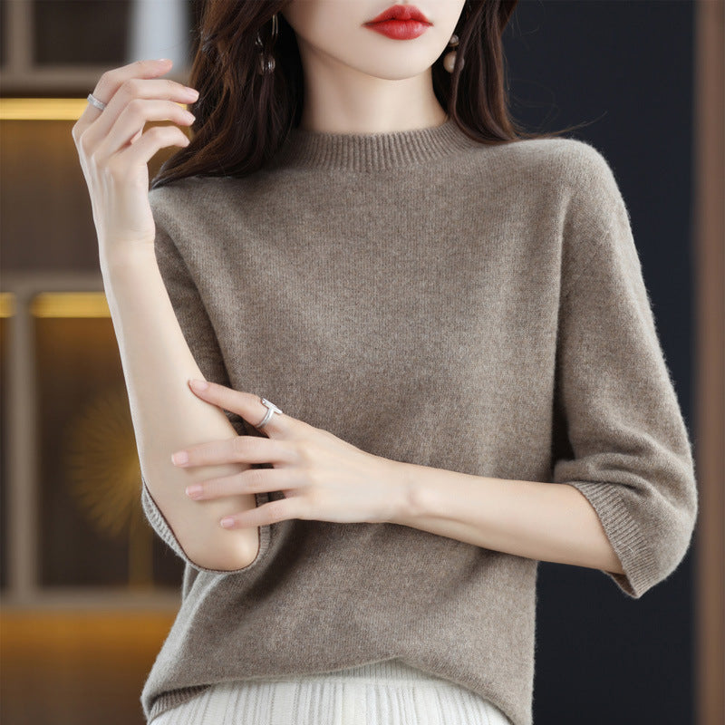 Pure Wool Women's Half Turtleneck Short Pullover Base Knitwear Three-quarter Sleeve Sweater