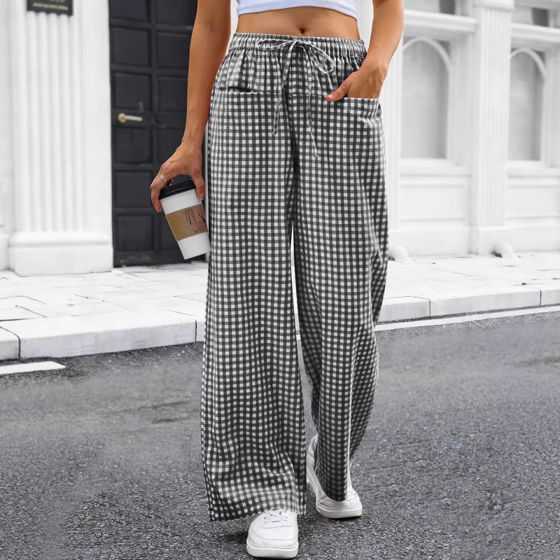 High-waisted Wide-leg Plaid Drawstring Loungeleisure Pants