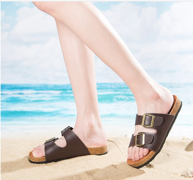 Casual Slippers Two Buckle Flat Cork Drag Sandals Foreign Trade
