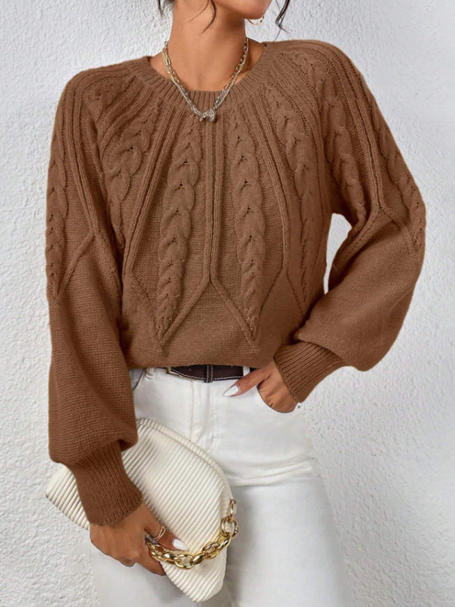 Round Neck Knitted Sweater Female Twist Thread Solid Color Versatile Casual Top