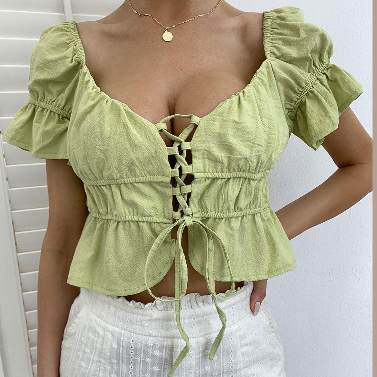 Women's Chest Strap V-neck Lotus Leaf Sleeve Cropped Top