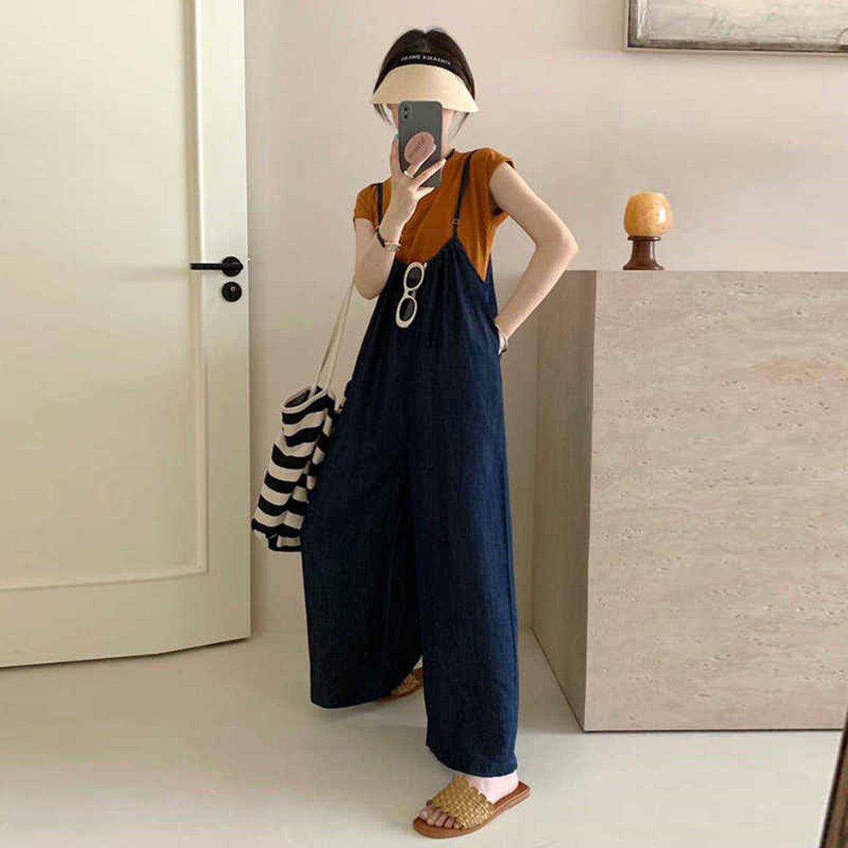 Denimoverall Sæt Løst Stort Størrelse Selestof Jumpsuit Kortærmet Todelt Sæt