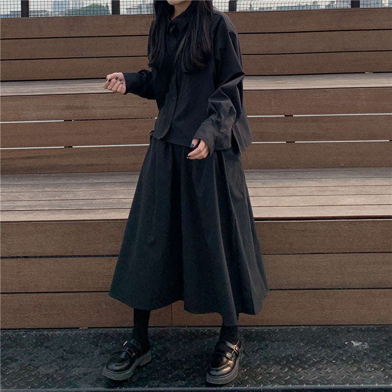 Women's Dark Shirt High Waist A-line Skirt Suit